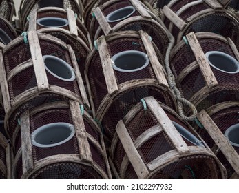Ribadeo, Galicia, Spain. Close up view of row of octopus traps in the harbour.