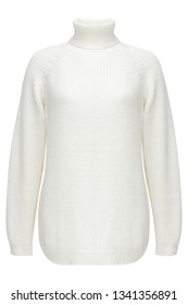 Ribbed cotton-blend turtleneck sweater in beautiful beige color isolated on white. 