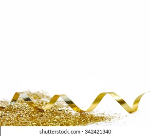  Ribbon And Golden Confetti On White Background