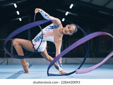 Ribbon, gymnastics and woman dancer in performance, action and sports competition. Female, rhythmic movement and flexible dancing athlete, creative skill and talent of concert event in practice arena - Powered by Shutterstock