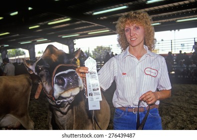 Ribbon Winner With Jersey/Holstein Cow, Los Angeles, County Fair, Pomona, CA