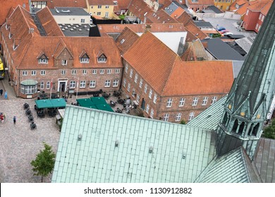 Ribe Denmark – July 2018: View over Ribe city square and hotel Dagmar seen from the cathedral tower