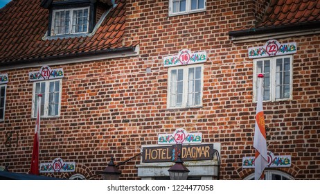 Ribe, Jutland / Denmark - 12 11 2016: Hotel Dagmar with Christmas festive decorations in December on a winter day in the ancient vikings city of Ribe