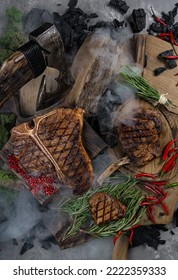 Ribeye T-bone Steak Medallion Spices Smoke Ax Composition On Woo