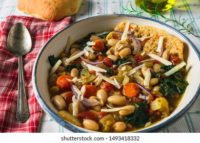 Ribollita Soup With Shredded Cheese. Above Shot, Flat Lay