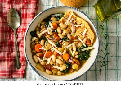 Ribollita Soup With Shredded Cheese. Above Shot, Flat Lay