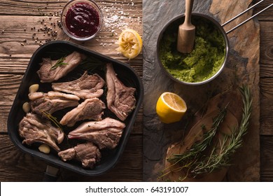 Ribs of lamb grilled and mashed potatoes in a ladle and beetroot sauce - Powered by Shutterstock