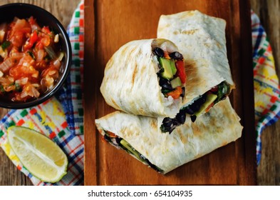 Rice Black Bean Avocado Tomato Burritos. Toning. Selective Focus