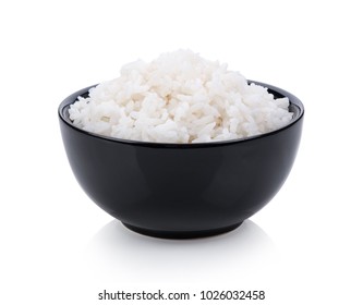 Rice In Black Bowl On White Background