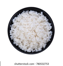 Rice In Black Bowl On White Background