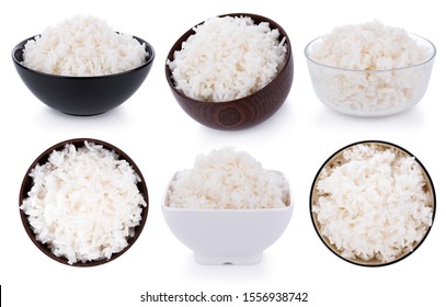 Rice In A Bowl On A White Background. Top View