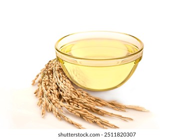 Rice bran oil extract in glass bowl with paddy rice isolated on white background. - Powered by Shutterstock