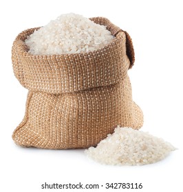 Rice In Burlap Bag Isolated On White Background