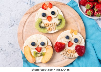 Rice Cakes With Yogurt And Fresh Fruits In A Shapes Of Cute Owls On A Wooden Board, Food For Kids Idea, Top View