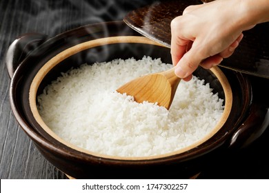 Rice cooked in Japanese hot pot - Shutterstock ID 1747302257