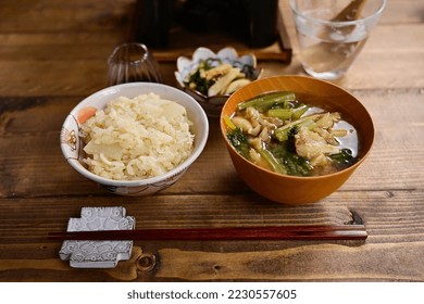 rice cooked with turnip and baby sardine and miso soup - Shutterstock ID 2230557605