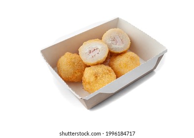 Rice Croquettes With Cottage Cheese And Chicken Fillets In Bread Crumbs. Deep-fried. Delivery Box. Close-up. White Background. Isolated.