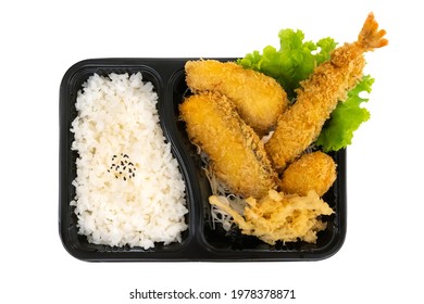 Rice With Mixed Fish, Shrimp And Enoki Mushroom Fried, Japanese Food Style In Disposable Plastic Box, Bento Tray Food Packaging Isolated On White Background 