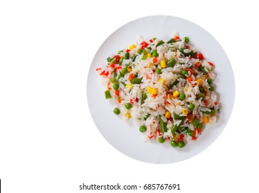 Rice With Mixed Vegetables On White Plate. Top View. Isolated On White