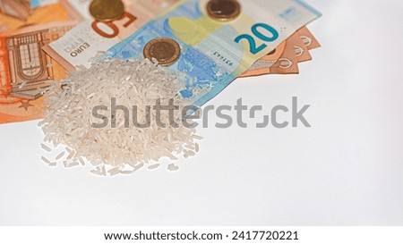 rice and money in bills, spell for luck with copy-space