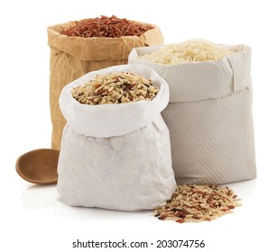 Rice In Paper Bag Isolated On White Background