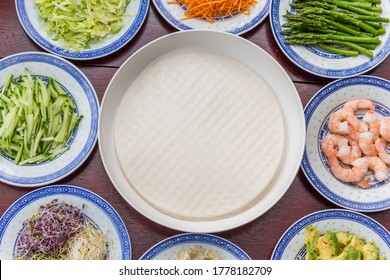 Rice Paper And Ingredients For Making Vietnamese Style Spring Rolls