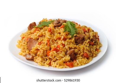 Rice Pilaf With Meat Carrot And Onion Isolated On White Background