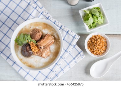 Rice Porridge Boiled Pork Ribs With Shitake Mushroom. Top View.