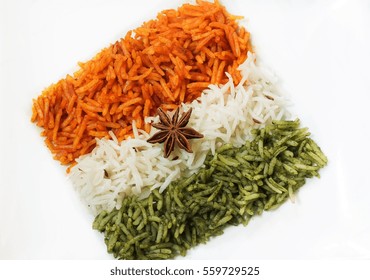 Rice Pulao In Indian Flag Design / Indian Republic Day Food /   Tiranga(Tri Color) Rice Isolated On White, Selective Focus