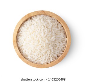 Rice Seeds In Wood Bowl Isolated On White Background. Top View