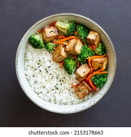 Rice With Tofu, Broccoli, Carrots And Sesame. Healthy Eating. Vegetarian Food