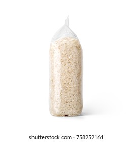 Rice in transparent plastic bag isolated on white background. Packaging template mockup collection. With clipping Path included. Stand-up Side view.