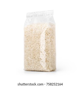 Rice in transparent plastic bag isolated on white background. Packaging template mockup collection. With clipping Path included. Stand-up Halfside view.