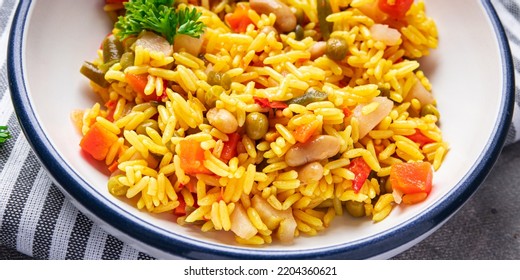 Rice Vegetables Vegetarian Pilaf Without Meat Healthy Meal Food Snack Diet On The Table Copy Space Food Background Rustic Top View Keto Or Paleo Diet Veggie Vegan Or Vegetarian Food No Meat