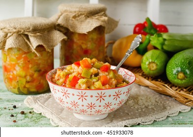 Rice with vegetables - zucchini, paprika and onions. Home canning - Powered by Shutterstock