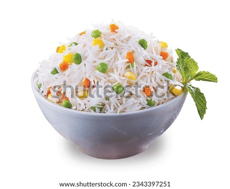 Rice in white bowl isolated on white background, Veg biryani