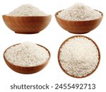 Rice in wooden bowl, isolated on white background, clipping path, full depth of field