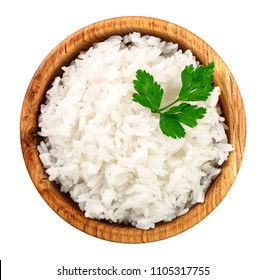 rice in a wooden bowl isolated on white background. Top view. Flat lay - Shutterstock ID 1105317755