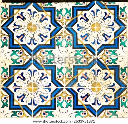 Rich Azulejo tile pattern featuring geometric shapes in blue, yellow, green and white tones. Captures the historical essence of Portuguese decorative arts, ideal for backgrounds.