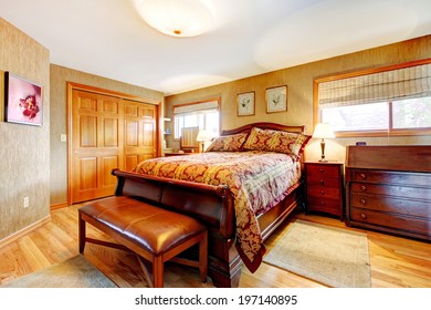Rich Bedroom With Hardwood Floor, Closet And Oak Furniture Set