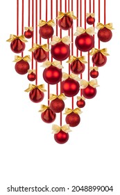 Rich bunch or upside down Christmas tree of shiny red balls with golden bows hanging on ribbons isolated on white background. Christmas background art for design of poster, flyer, card, brochure.