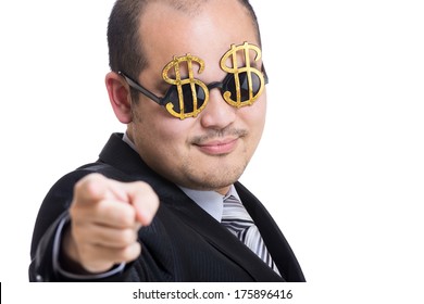 Rich Businessman Wear Dollar Sign Glasses Pointing To You