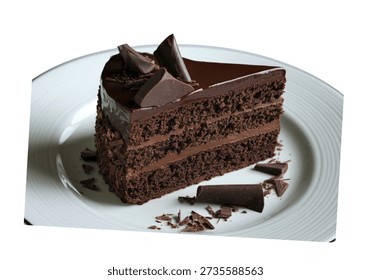 Rich Chocolate Layer Cake Slice with Chocolate Shavings and Curls on White Plate - Dessert Illustration.jpg