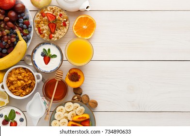 Rich continental breakfast menu background. Delicious natural food for tasty morning meals on wooden table, traditional european buffet, copy space