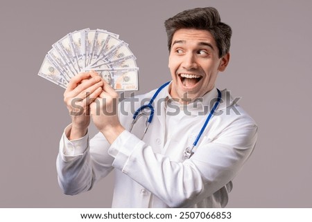 Image, Stock Photo Rich Doctor Man with Usd money. Handsome Medical Health Care Worker In White Coat with salary, payment. Jackpot, win