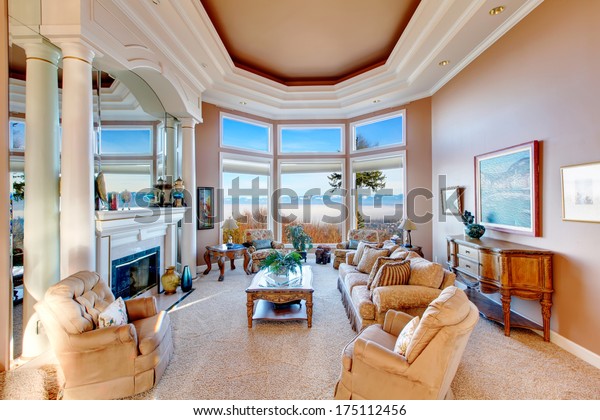 Rich Furnished Living Room Coffered Ceiling Interiors Stock Image