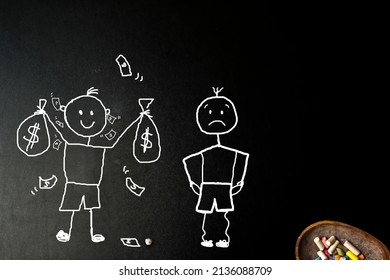 Rich Man And Poor Man, Funny Stickman With Money Coming Out Of His Ears And Another With Empty Pockets, Concept Of Richness And Poverty, Freehand Drawing On A Blackboard And Colored Chalks.