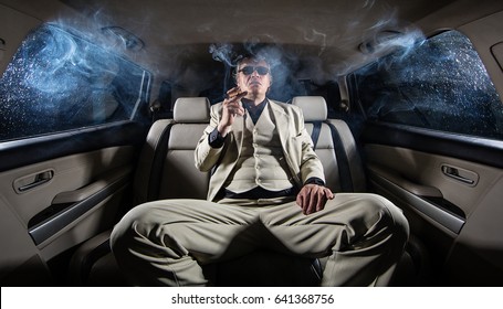 A Rich Man In A White Suit And A Cigar In The Car, A Limousine