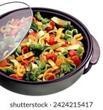 A rich mix of vegetables cooked in a slow cooker isolated on white, clipping paths included.

