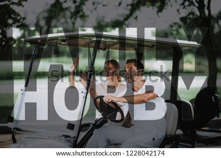 Rich People in Luxury Golf Cart. Family Hobby. Players Riding by Golf Course. Man and Woman Wave Hands. People Greet Friends. Luxury Lifestyle. Family is Carrying Golf Equipment. Elite Sports.